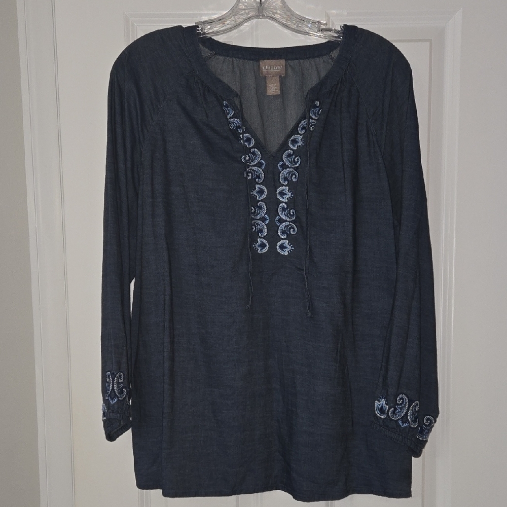 Chico's Dark Blue Tunic with Embroidery